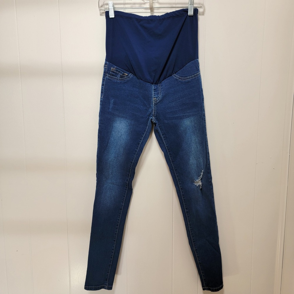 SHEIN Maternity Skinny Jeans Blue Dark Wash Distressed Over Belly Stretch S 4